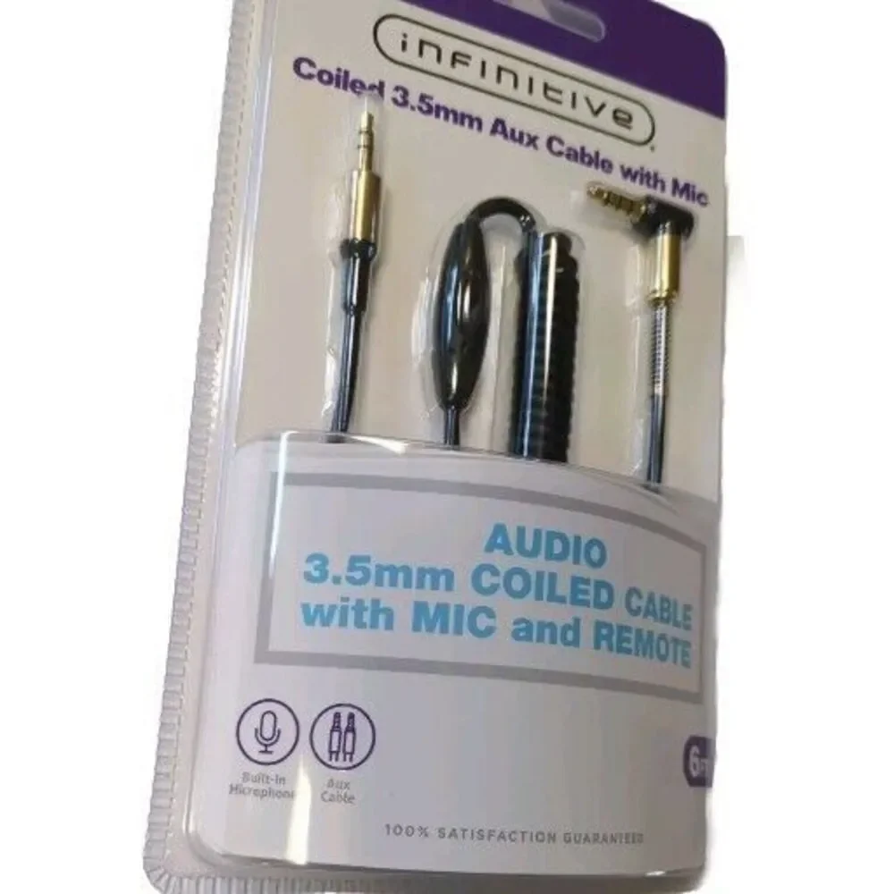 New Infinitive Coiled 3.5 mm Aux Cable with Mic and Remote New 6ft. Sealed NIP